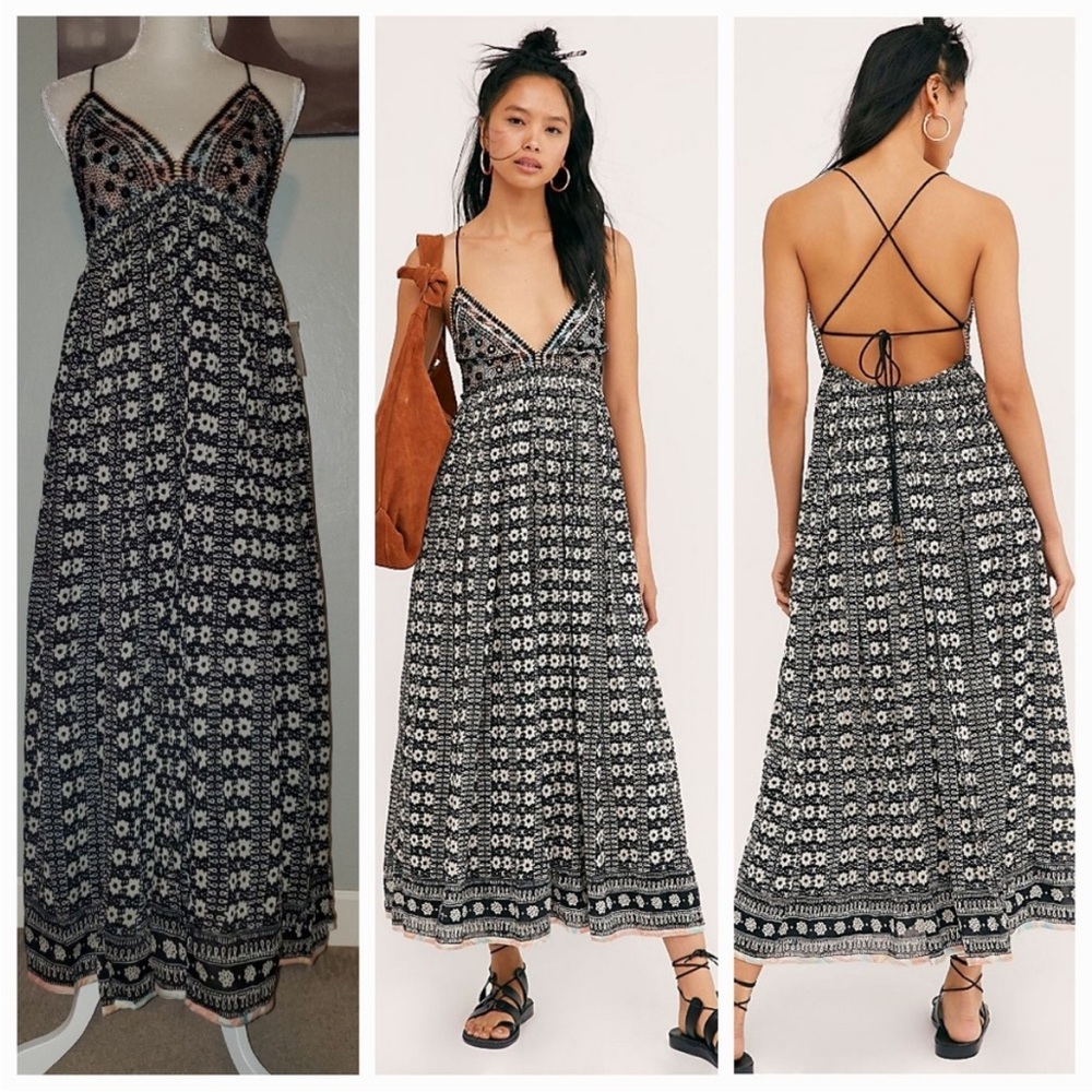 Free People Good Vibes Geometric Print Beaded Sequin Triangle Top Maxi Dress - Picture 7 of 16
